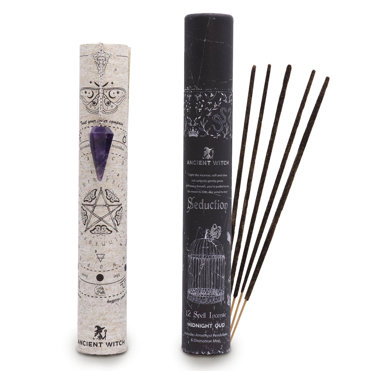 Invite deep enchantment and magnetic energy into your sacred space with this Seduction Spell Incense, a decadent blend crafted for witches who walk the path of sensual magic and inner allure. Each pack contains twelve aromatic sticks, releasing the luxurious essence of Midnight Oud—a velvety, spellbinding fragrance that awakens desire, confidence, and slow, intentional energy.

Inside every tube, you’ll also discover a beautiful amethyst pendulum, a stone of intuition, emotional harmony, and spiritual attun