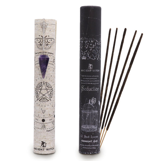 Invite deep enchantment and magnetic energy into your sacred space with this Seduction Spell Incense, a decadent blend crafted for witches who walk the path of sensual magic and inner allure. Each pack contains twelve aromatic sticks, releasing the luxurious essence of Midnight Oud—a velvety, spellbinding fragrance that awakens desire, confidence, and slow, intentional energy.

Inside every tube, you’ll also discover a beautiful amethyst pendulum, a stone of intuition, emotional harmony, and spiritual attun