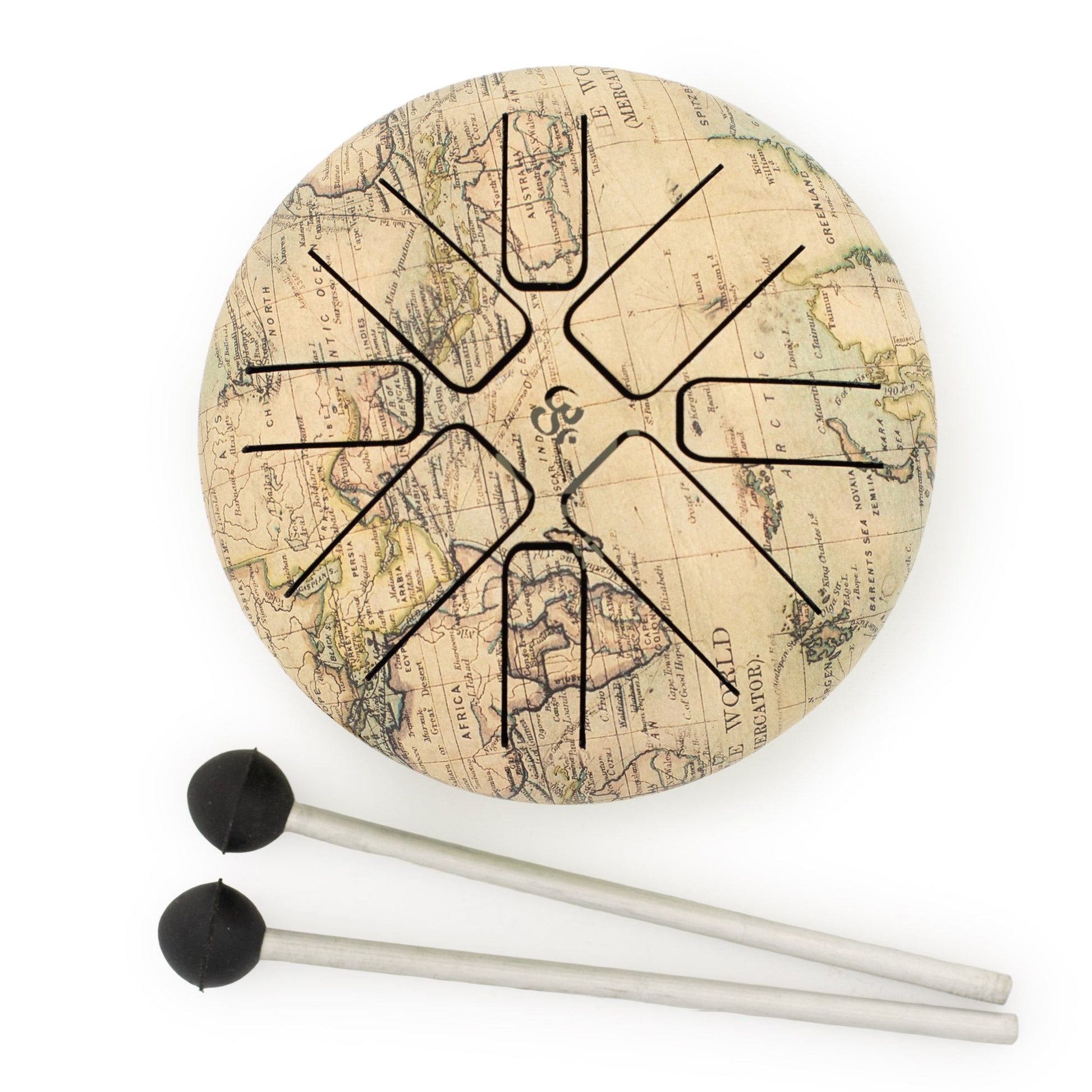 A compact Hapi Drum with a distinctive vintage atlas design, this piece stands out immediately with its detailed world map finish. It brings a sense of exploration and curiosity.