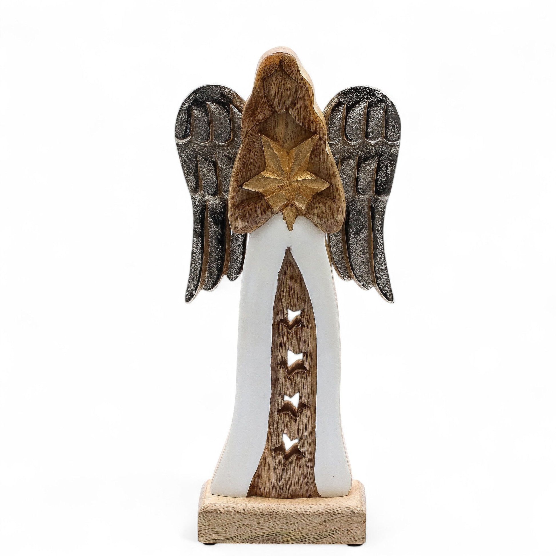 Large Mango Wood Star Angel – Metal Wings & Enamel Detail
