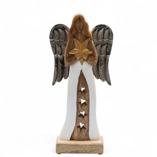Large Mango Wood Star Angel – Metal Wings & Enamel Detail