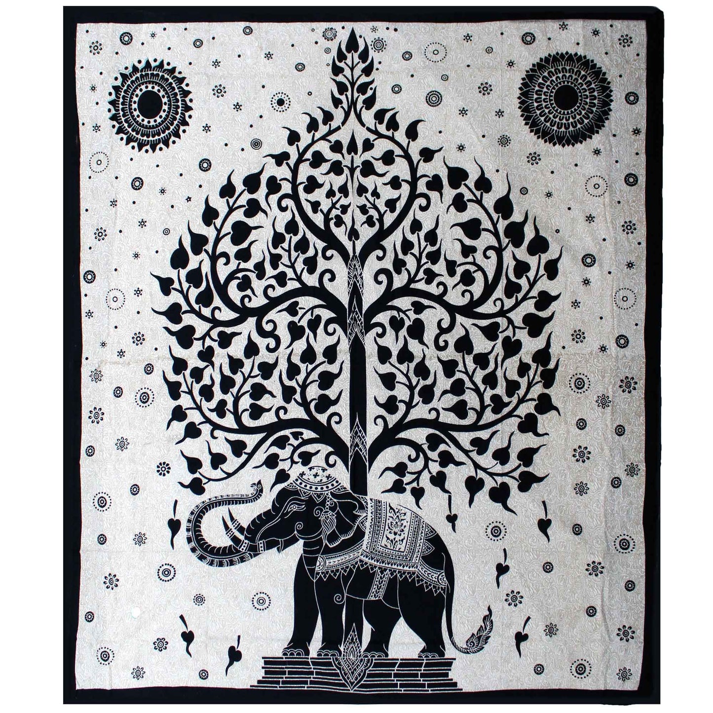 Rooted in wisdom, walking in strength — this Elephant Tree cotton bedspread tells a sacred tale in black and white. At the centre, a mighty tree rises tall, sheltering the gentle power of elephants beneath its branches. It's a symbol of protection, grounding, and ancestral connection.

Handmade in India from 100% soft cotton, this monochrome design brings bold, sacred beauty to any space. Hang it behind your altar, drape it across your bed, or use it as a ritual cloth for deep meditations and grounding work