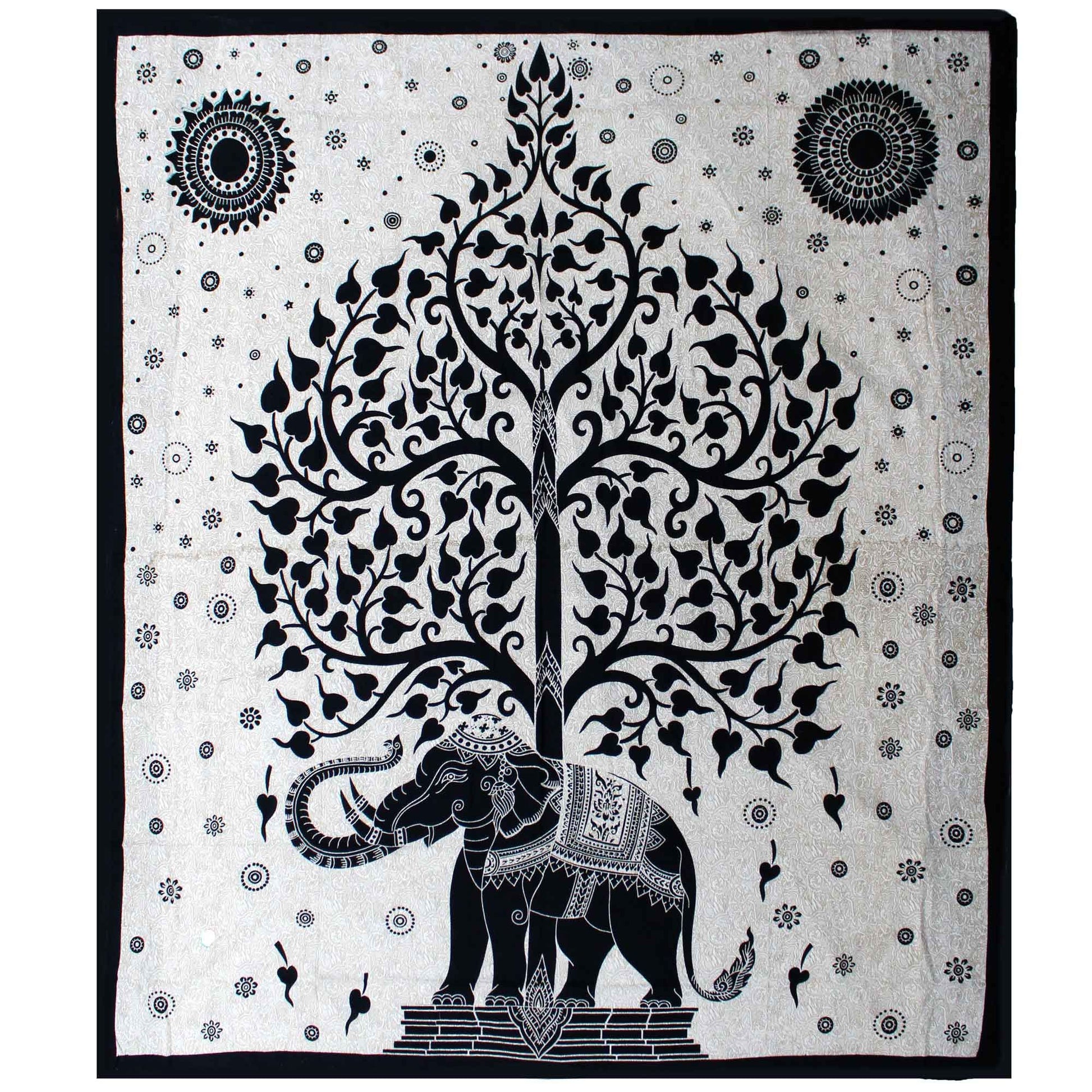 Rooted in wisdom, walking in strength — this Elephant Tree cotton bedspread tells a sacred tale in black and white. At the centre, a mighty tree rises tall, sheltering the gentle power of elephants beneath its branches. It's a symbol of protection, grounding, and ancestral connection.

Handmade in India from 100% soft cotton, this monochrome design brings bold, sacred beauty to any space. Hang it behind your altar, drape it across your bed, or use it as a ritual cloth for deep meditations and grounding work
