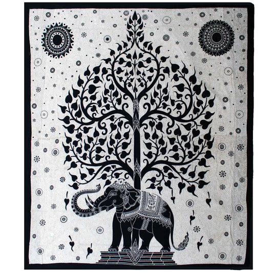 Rooted in wisdom, walking in strength — this Elephant Tree cotton bedspread tells a sacred tale in black and white. At the centre, a mighty tree rises tall, sheltering the gentle power of elephants beneath its branches. It's a symbol of protection, grounding, and ancestral connection.

Handmade in India from 100% soft cotton, this monochrome design brings bold, sacred beauty to any space. Hang it behind your altar, drape it across your bed, or use it as a ritual cloth for deep meditations and grounding work