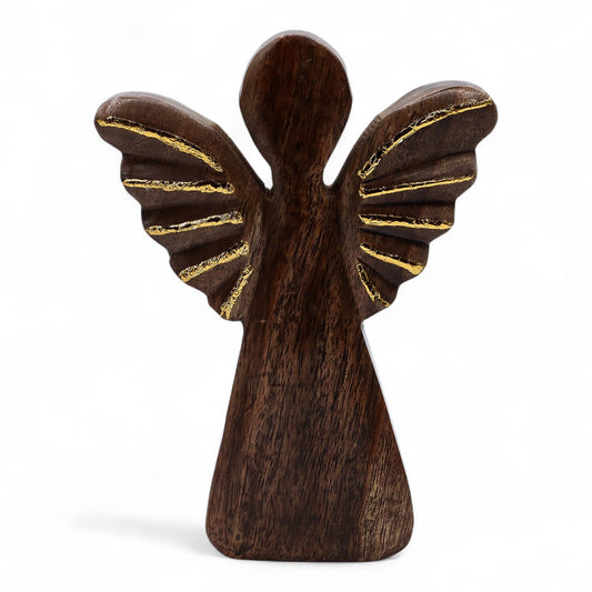 From the radiant collection of thewitchesgarden, this Large Mango Wood Angel shines with celestial grace and timeless artistry. Hand-carved from sustainable mango wood, the angel stands 19cm tall and is adorned with brilliant gold wings that shimmer softly in the light — a symbol of serenity, protection, and divine beauty.

Each piece is handmade in India, carrying unique wood grain patterns that celebrate its natural origins and the touch of the artisan’s hand. The golden detailing adds a warm, festive glo