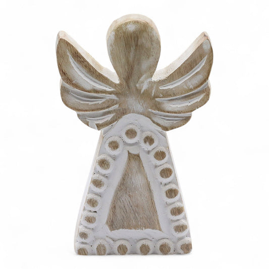 From the serene collection of thewitchesgarden, this Mango Wood Angel embodies simplicity, peace, and timeless charm. Hand-carved from natural mango wood and finished in a soft whitewash, it carries a soothing presence — a gentle reminder of protection and serenity.

Each angel is crafted in India, revealing the organic beauty of natural wood grain and the subtle variations that come with artisan craftsmanship. The distressed texture and soft detailing evoke a sense of rustic elegance, creating a piece that