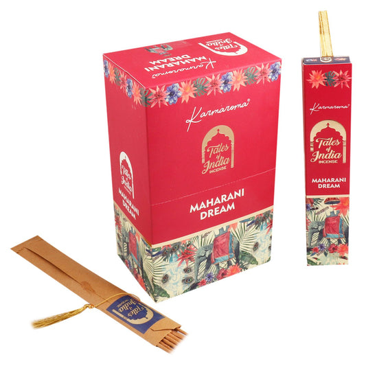 Let your spirit wander through the jasmine-scented courtyards of ancient palaces, where silk-draped queens whispered secrets beneath moonlit skies. Maharani Dream - Tales of India Incense is a potion in smoke, conjuring the golden age of Indian nobility—a time of splendor, secrets, and divine beauty.

Crafted from a decadent bouquet of tropical florals, this blend is ruled by the hauntingly beautiful tuberose, softened by ghostly hints of jasmine. Light a stick and be transported to a realm where opulence b