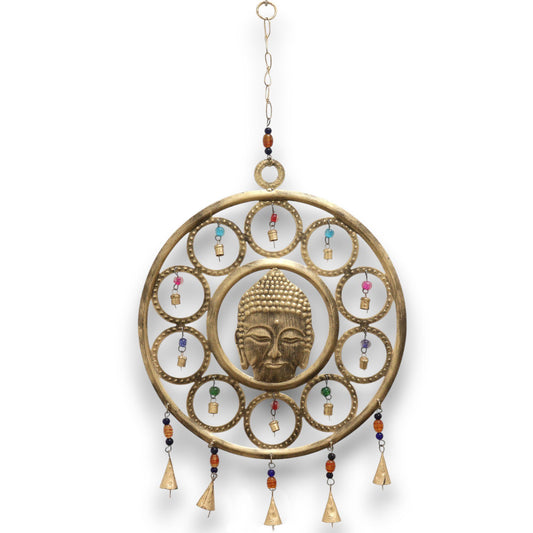 Indian Chimes – Large Brass Buddha Face with 15 Bells (36cm)