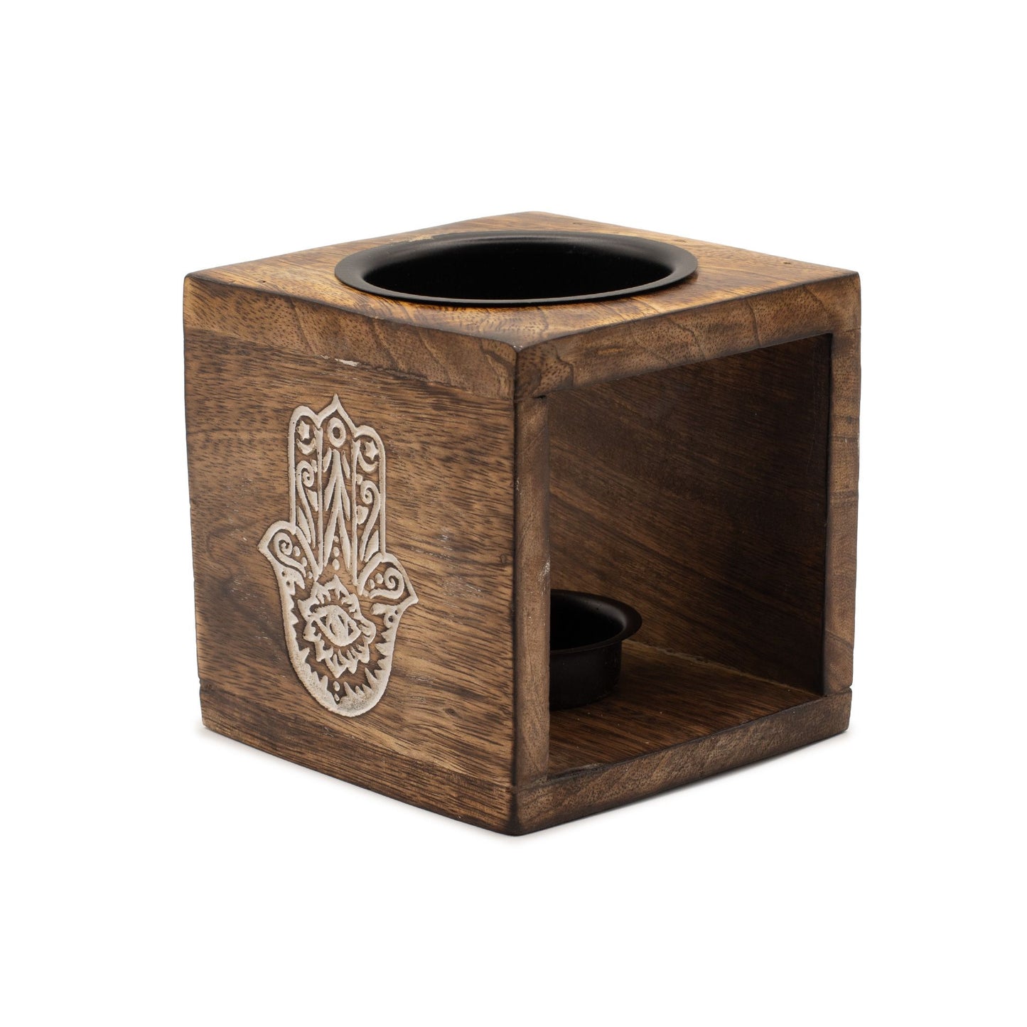 This Square Mango Wood Oil Burner features the ancient Hamsa symbol. The Hamsa, known as a sign of protection, power, and strength, is elegantly engraved into the side of the burner, providing a meaningful touch for customers interested in spiritual wellness and home décor.