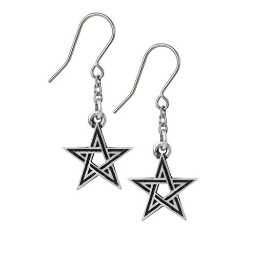 Supernatural forces leech from the Stygian pentacle. A pair of small, black enameled pewter pentagrams suspended a on fine chain and stainless steel ear-wires.