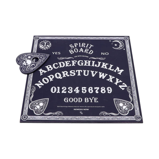 Bordered with intricate baroque designs, this board is in classic black and white, the alphabet is marked out in an arc with the numbers 0 to 9, the words Yes, No and Goodbye, and a warning to use with caution - the power of the spirit world is always to be respected.