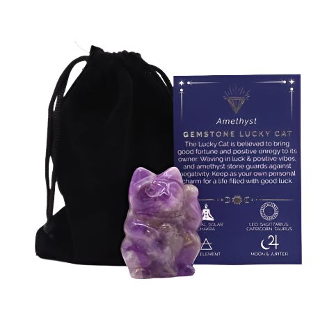Invite serenity, intuition, and spiritual protection into your sacred space with our Gemstone Lucky Cat carved from genuine Amethyst. This radiant 50x35x25mm figure merges ancient symbolism with powerful crystal energy, making it a potent talisman for those seeking emotional healing and psychic clarity.

In crystal healing, Amethyst is revered as a master healer for the mind and spirit. It promotes tranquility, eases anxiety, and enhances spiritual awareness—perfect for meditation, sleep rituals, or calming