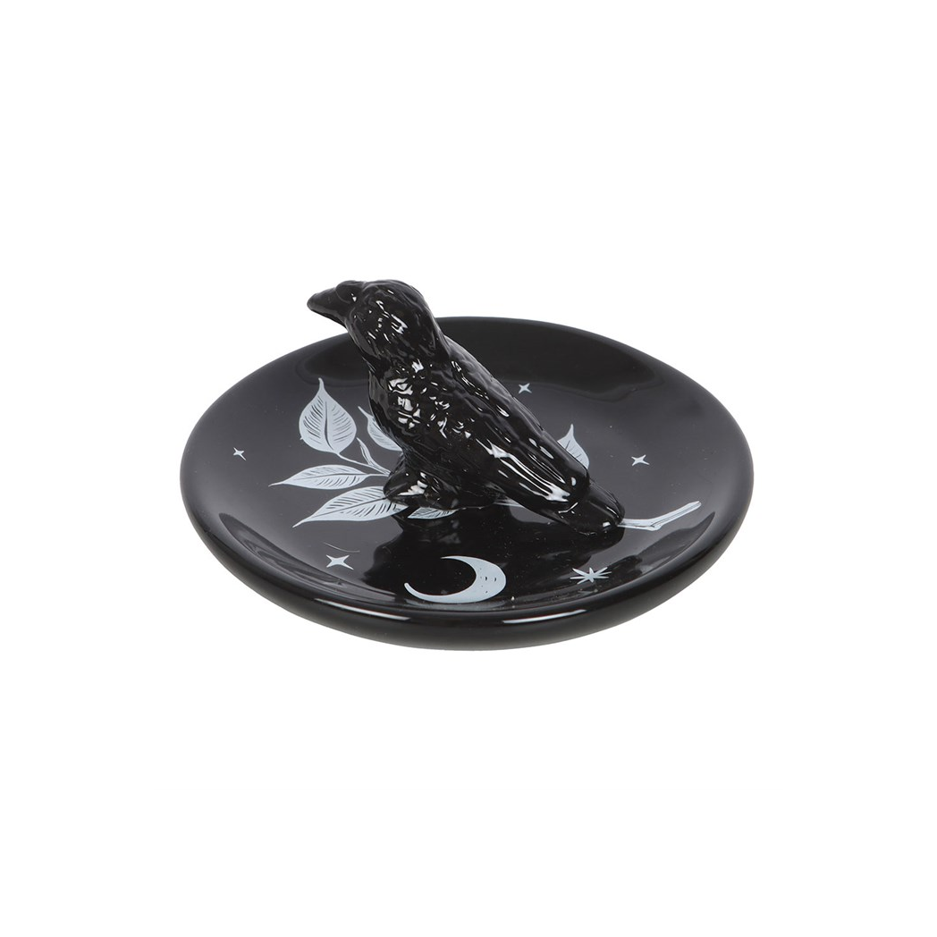 Keep your small treasures safe on this enchanting trinket dish, featuring intricate raven and moon details in bold black and white. A stylish accessory for gothic-themed bedrooms, dressing tables, or as a unique gift.
