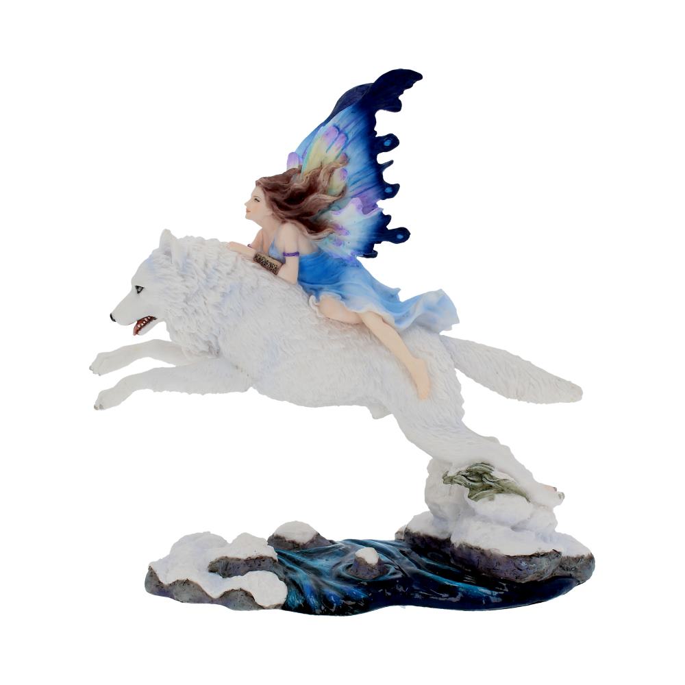 Fairy riding a white horse with a blue fairy wing on a white background