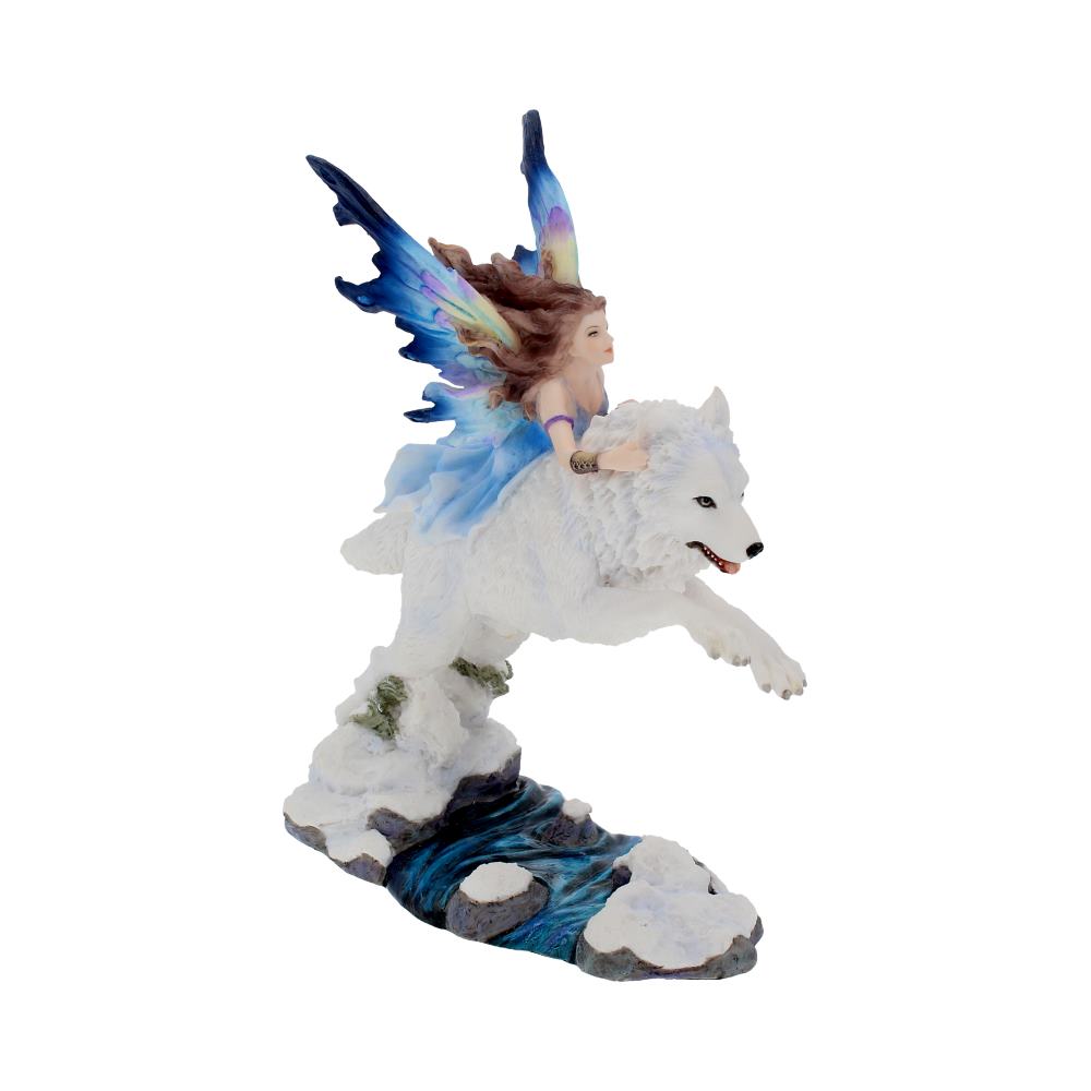 Fairy riding a white wolf on a rocky outcrop with a blue and purple winged creature above, on a white background.