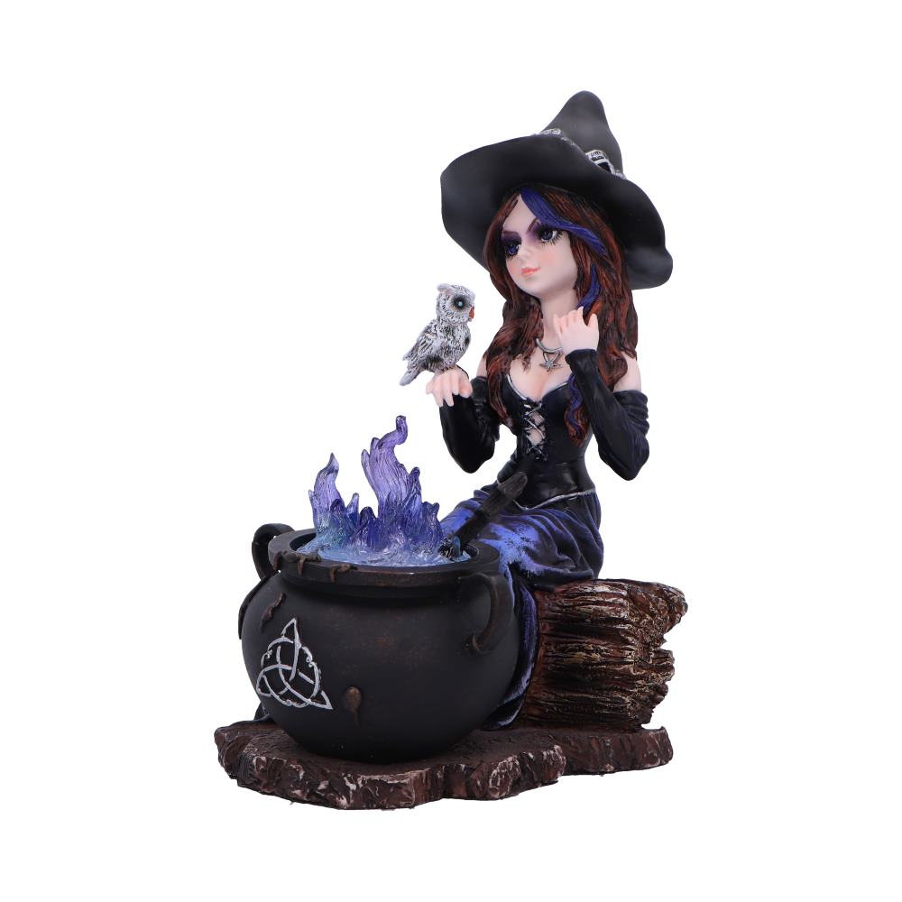 Alvina 16cm witch figurine with owl and magical cauldron. Hand-painted resin sculpture with striking clear blue resin detail, perfect for fantasy lovers.