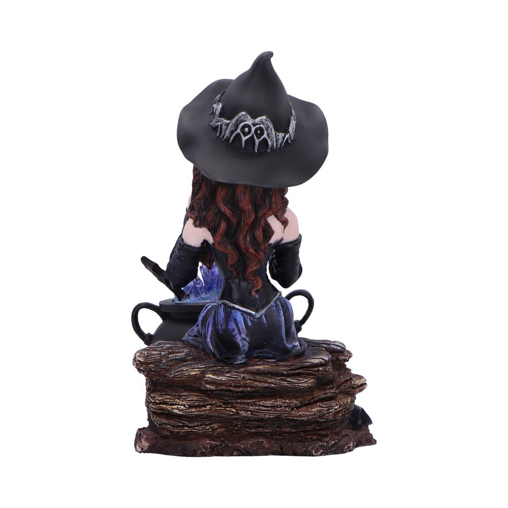 Alvina 16cm witch figurine with owl and magical cauldron. Hand-painted resin sculpture with striking clear blue resin detail, perfect for fantasy lovers.