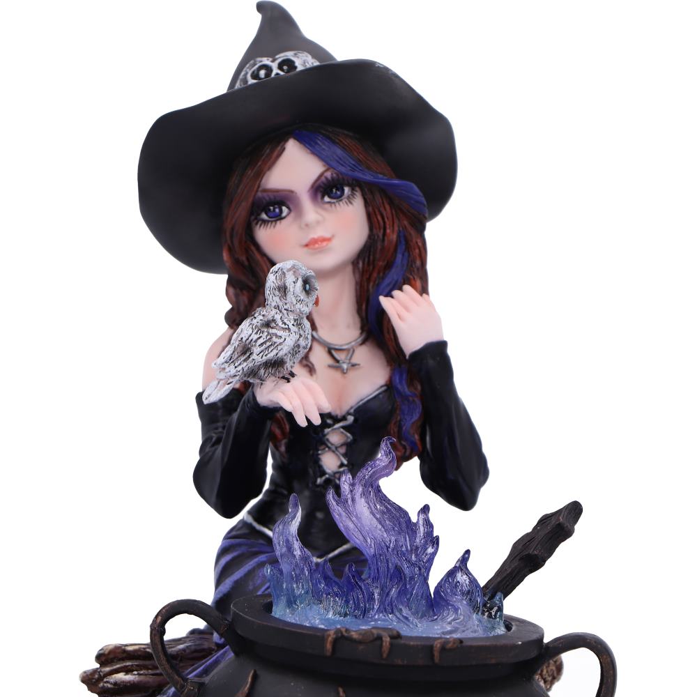 Alvina 16cm witch figurine with owl and magical cauldron. Hand-painted resin sculpture with striking clear blue resin detail, perfect for fantasy lovers.