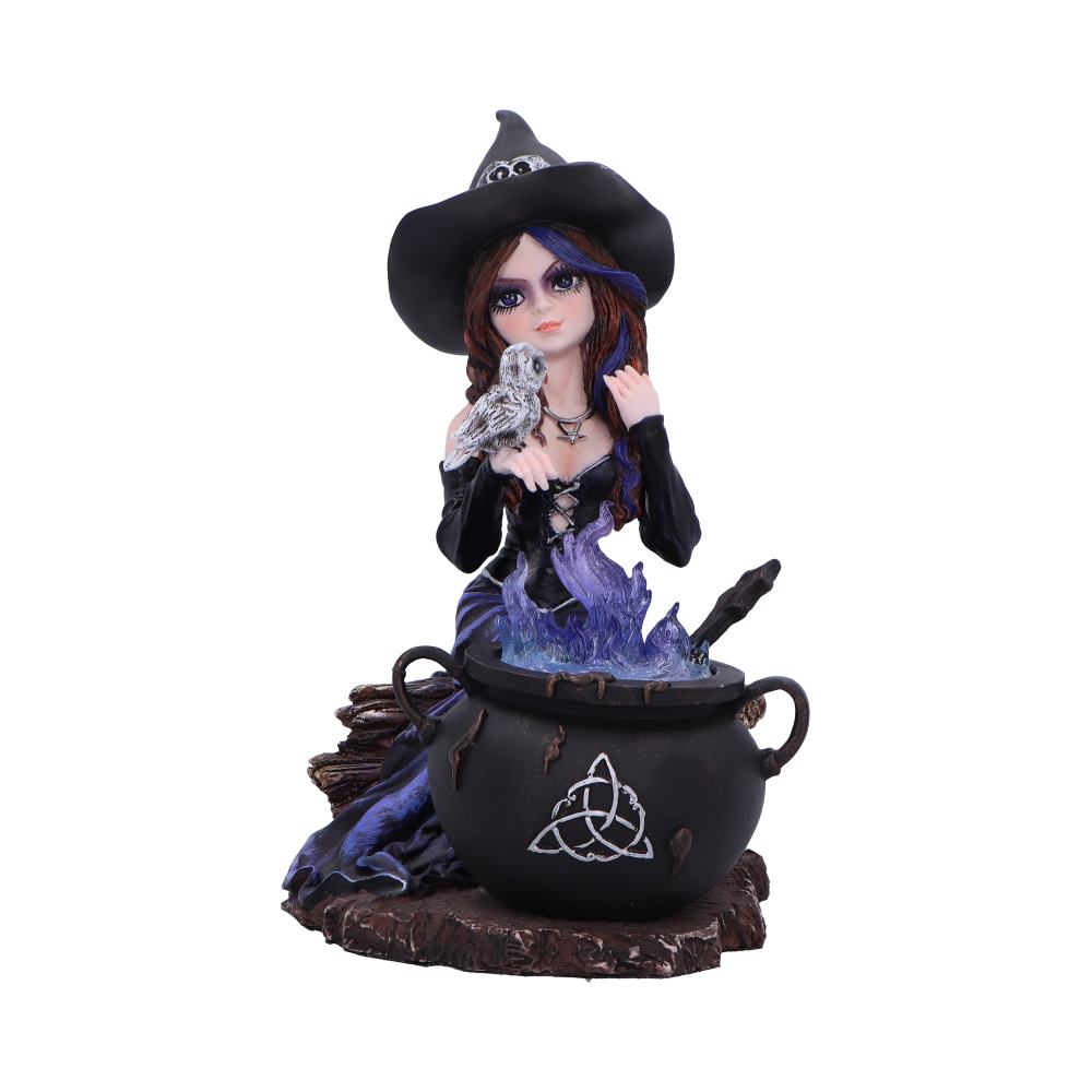 Alvina 16cm witch figurine with owl and magical cauldron. Hand-painted resin sculpture with striking clear blue resin detail, perfect for fantasy lovers.