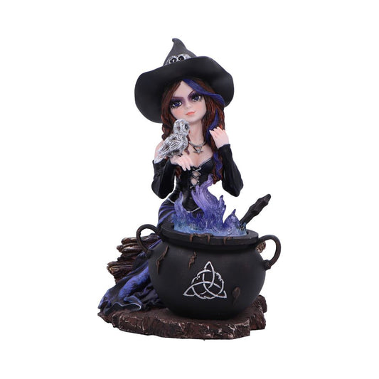 Alvina 16cm witch figurine with owl and magical cauldron. Hand-painted resin sculpture with striking clear blue resin detail, perfect for fantasy lovers.
