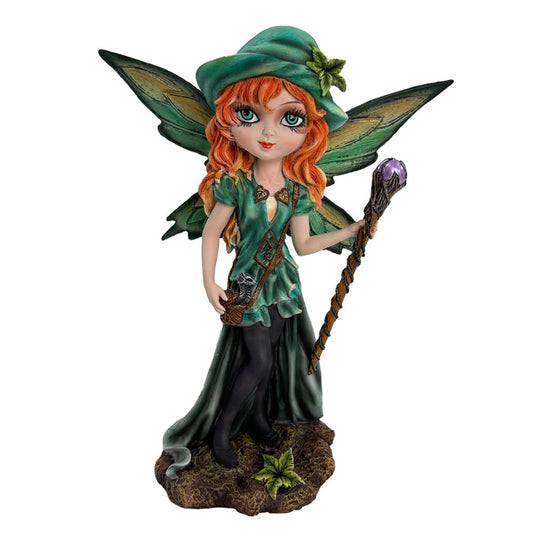 Step softly, dear one, for you tread into enchanted glades where the Forest Fae dwell. This 19cm figurine captures a retro-kawaii fairy spirit, cloaked in woodland wonder. Her luminous green wings whisper secrets of the old forest, while her shimmering purple jewel staff hums with quiet magic.

Nestled snug in her satchel is a baby dragon — her loyal familiar, ever watchful, ever curious. She wears a green leaf-tipped hat, delicate brooches of the forest, and her wide cell-shaded eyes shine with mischief an