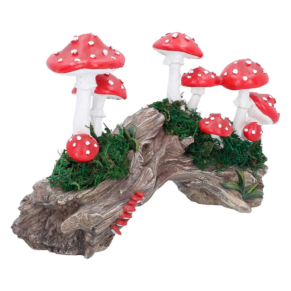 Nemesis Now Toadstool Trunk 15.2cm hand-painted resin sculpture featuring red and white toadstools growing from a rustic woodland tree trunk.
