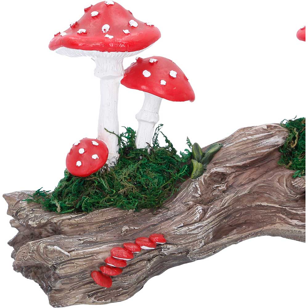 Nemesis Now Toadstool Trunk 15.2cm hand-painted resin sculpture featuring red and white toadstools growing from a rustic woodland tree trunk.