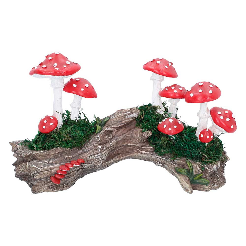 Nemesis Now Toadstool Trunk 15.2cm hand-painted resin sculpture featuring red and white toadstools growing from a rustic woodland tree trunk.