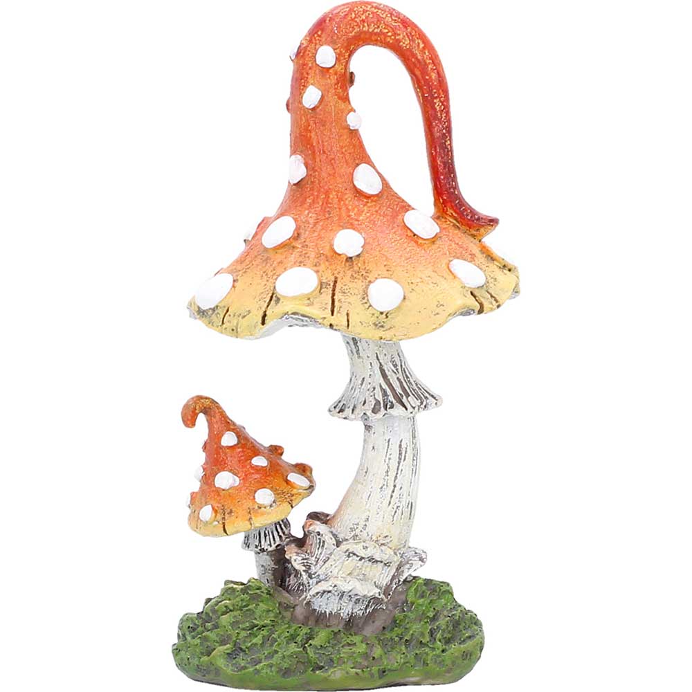 Set of two hand-painted whimsical mushroom sculptures with red and orange toadstools, smaller mushrooms and grassy resin bases.