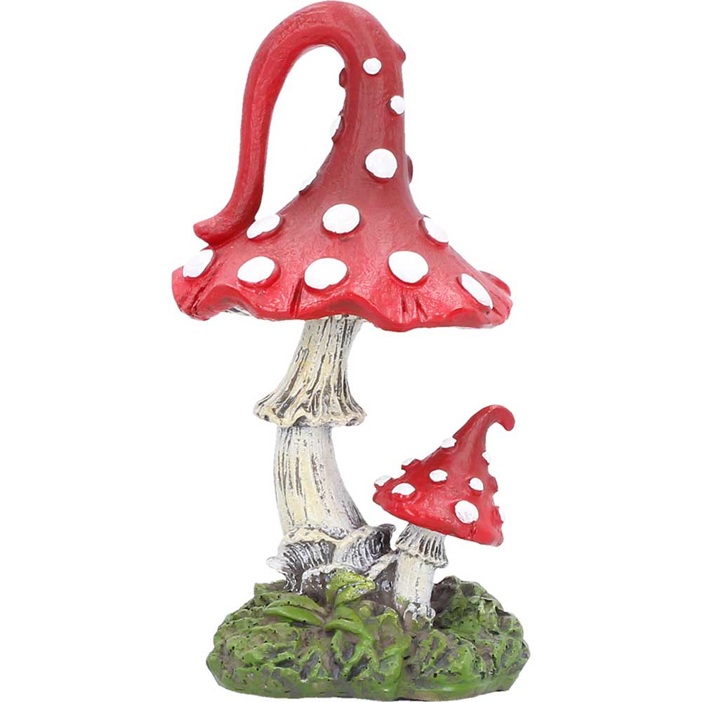 Set of two hand-painted whimsical mushroom sculptures with red and orange toadstools, smaller mushrooms and grassy resin bases.