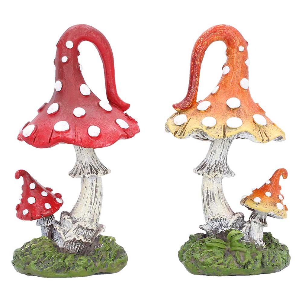 Set of two hand-painted whimsical mushroom sculptures with red and orange toadstools, smaller mushrooms and grassy resin bases.