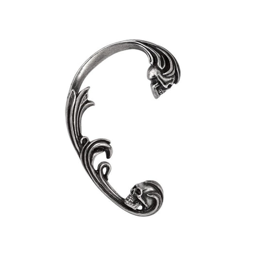 A breath-taking ear wrap (Ear Jewellery) handmade in antiqued and polished pewter featuring two baroque encased skulls.