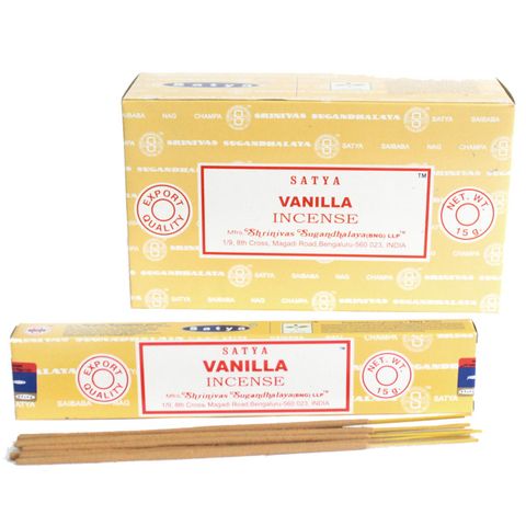 Satya Vanilla incense 15gm sticks. Ideal for meditation, yoga, or creating a calming home atmosphere with sweet, soothing vanilla fragrance.