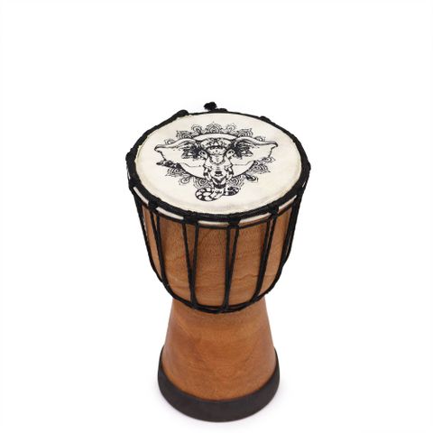 Add rhythm, culture, and powerful symbolism to your space with our Wide Top Djembe Drum 20cm featuring an Elephant design. Handcrafted in the traditional West African style, this authentic djembe is as much a musical instrument as it is a statement piece.

Made with a wide top and carved from quality wood, the djembe produces deep, resonant tones perfect for beginners and experienced drummers alike. The 20cm height and 12cm diameter make it a compact yet powerful percussion tool. The elephant motif, hand-pa