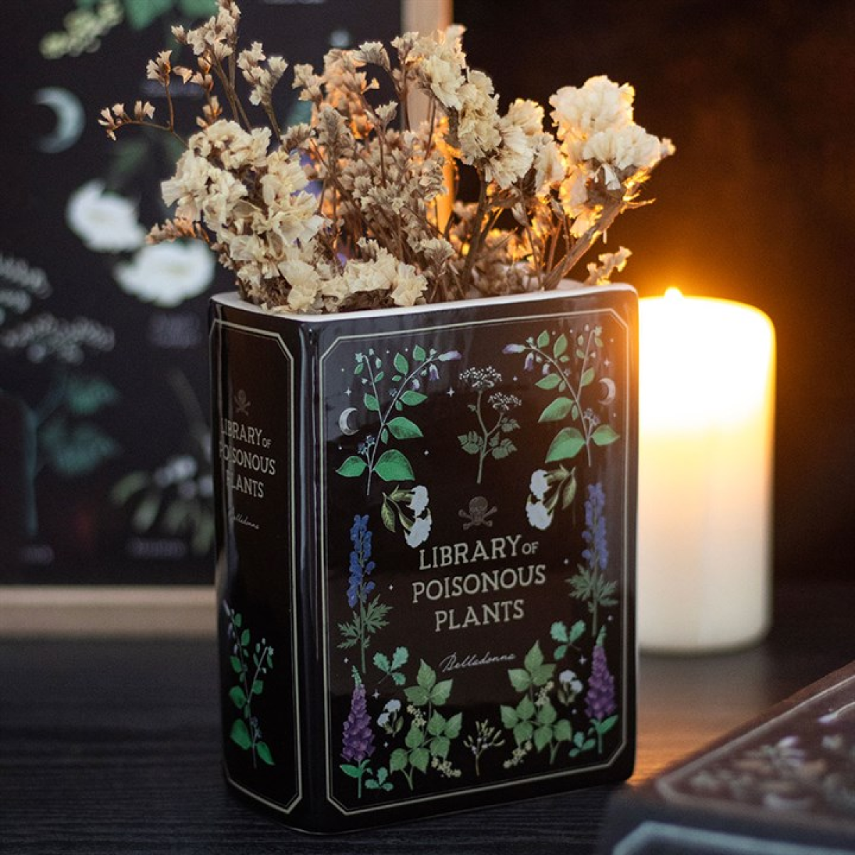 Book shaped ceramic vase styled as a Library of Poisonous Plants. Ideal for flowers, foliage, and gothic botanical home decor.