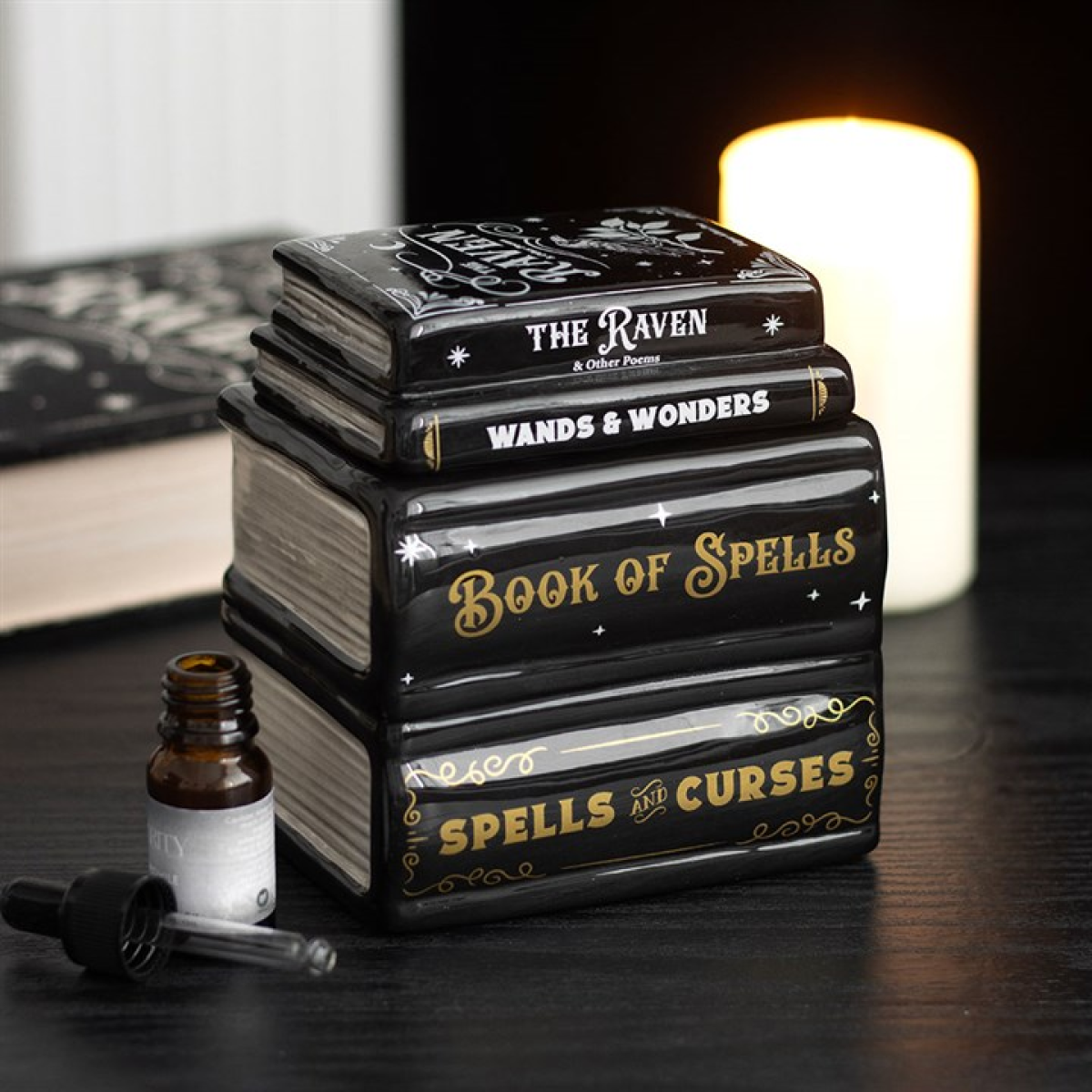 Book of Spells oil burner and wax warmer. Perfect for fragrance oils, gothic décor, altars, and creating a magical, witch-inspired atmosphere.
