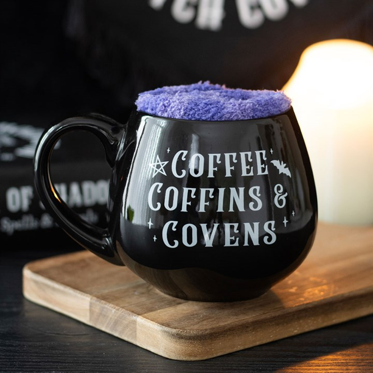 Coffee, Coffins & Covens Cauldron Mug & Fluffy Socks Gift Set – Witchy Comfort Duo