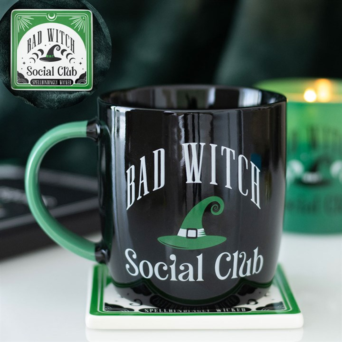 Bad Witch Social Club Mug & Coaster Set – Green Witch Hat Coffee Cup