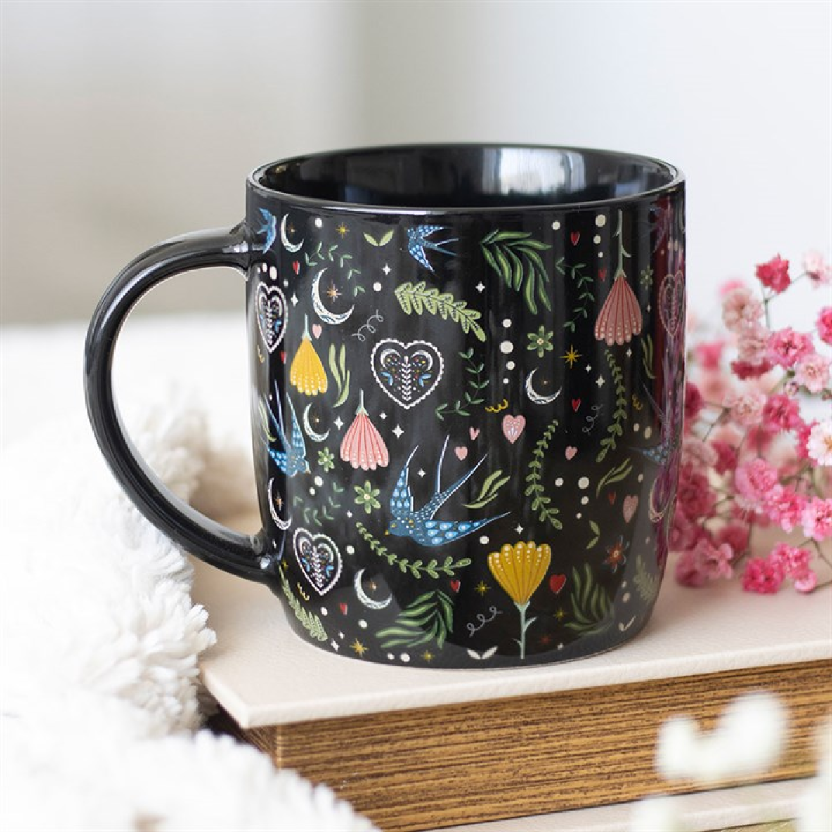 Midnight Bloom Floral Mug – Folk Art Black Ceramic Coffee Cup