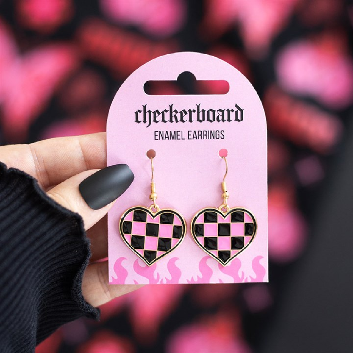 Checkerboard Heart Earrings – Pink & Black Alternative Jewellery