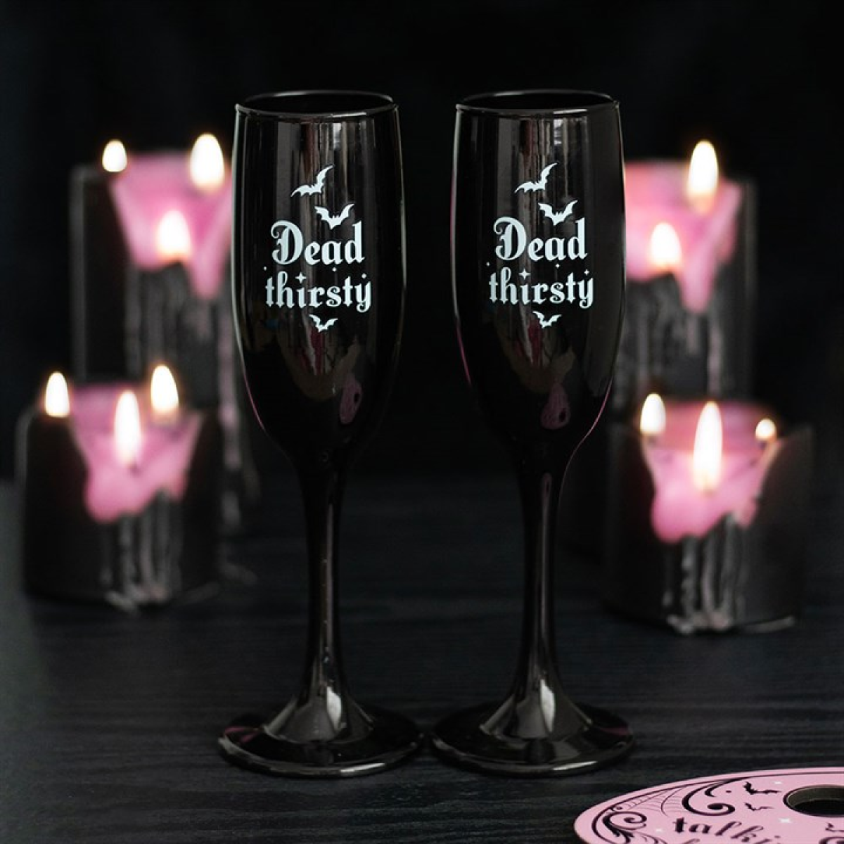 Set of 2 Dead Thirsty Champagne Flutes – Gothic Black Toasting Glasses (300ml)
