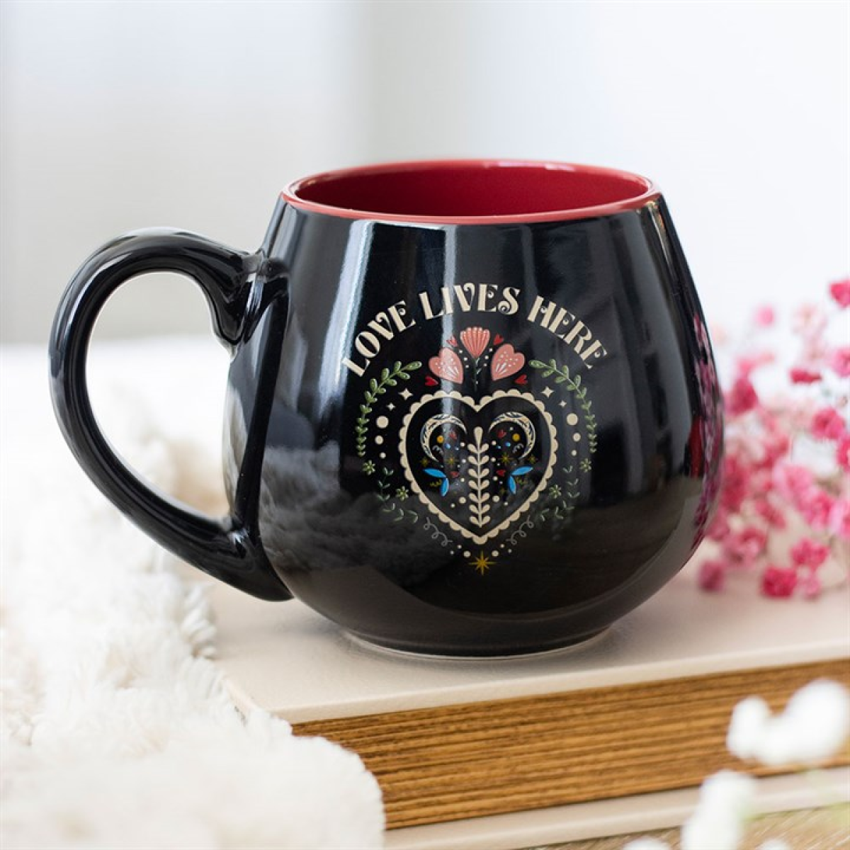 Love Lives Here Folk Heart Rounded Mug – Enchanted Hearthside Cup