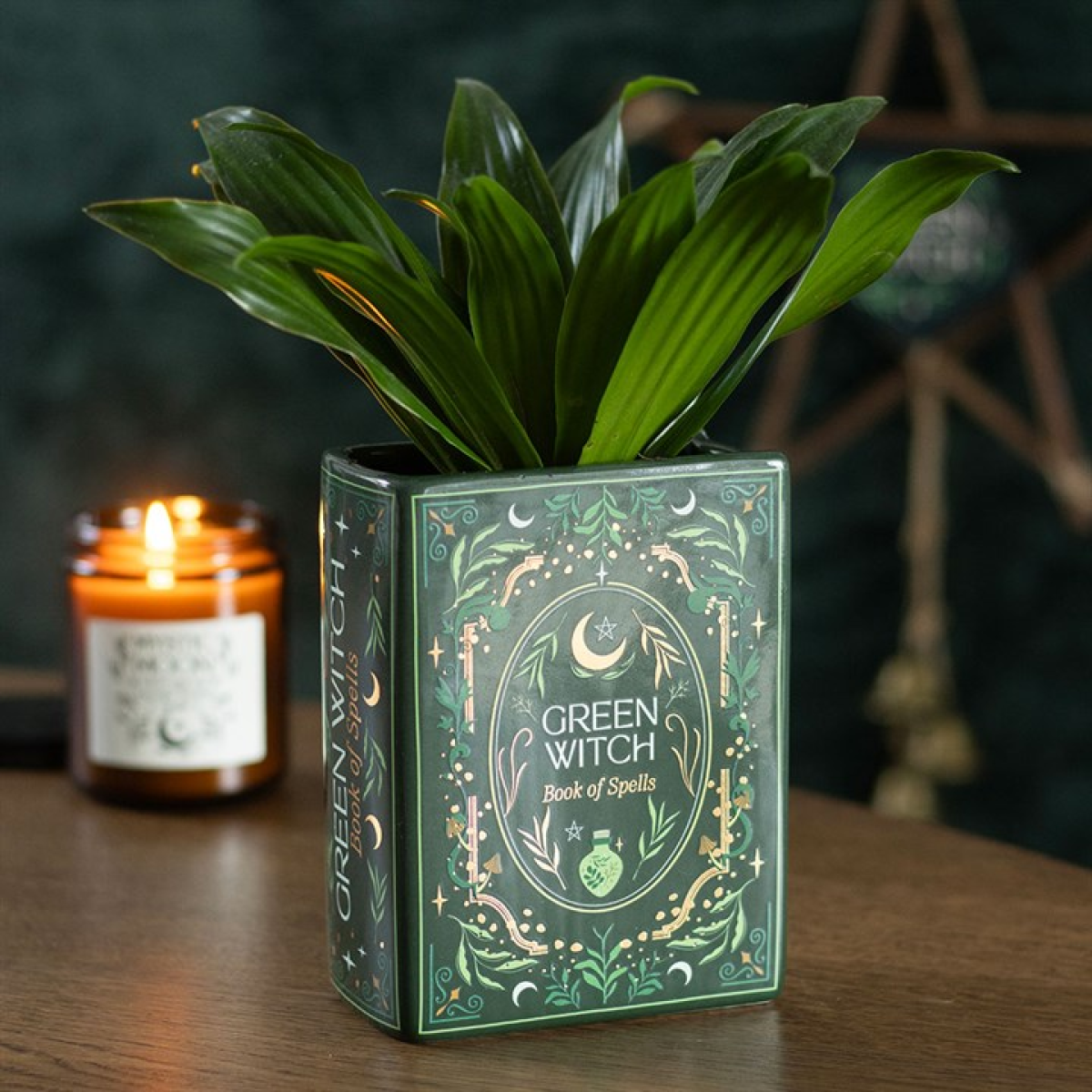 Green Witch Book Shaped Vase – Grimoire Ceramic Floral Decor