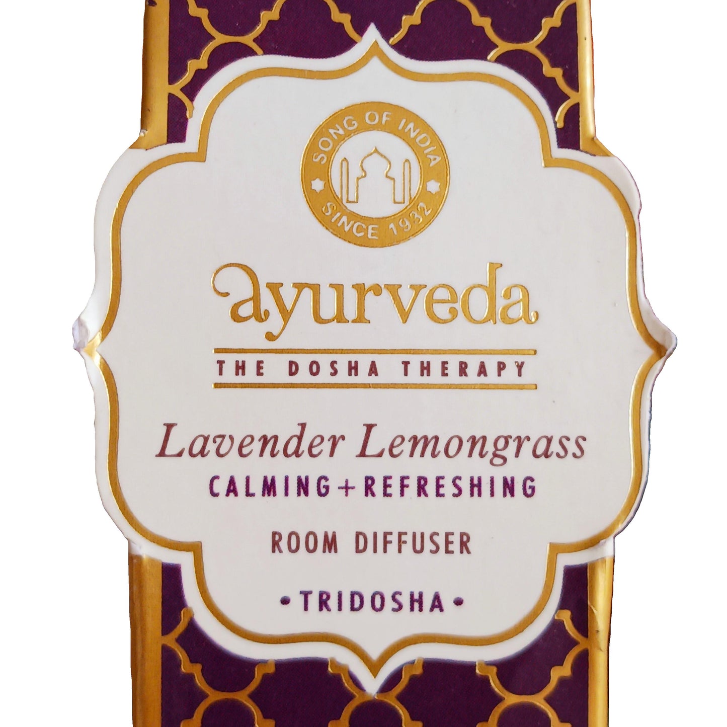 Ayurveda Lavender Lemongrass room diffuser packaging with gold and purple design.