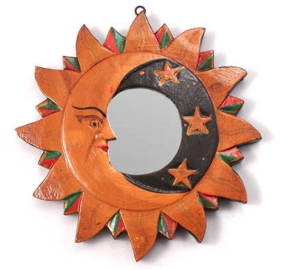 These beautiful hand carved mirrors depict the sun and moon with splendid gold detailing. Each mirror has a metal hoop on the reverse for ease of hanging. These mirrors boast intricate craftsmanship, with intricate gold designs adding a touch of luxury to any space. Hang them up with ease thanks to the handy metal hoop on the reverse.