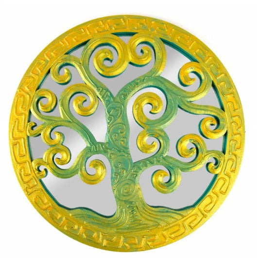 This beautifully designed mirror adorns the trim and branches of the shimmering Tree of Life in turquoise and gold. The Tree of Life - ancient Celtic symbol of balance, harmony and rebirth. Powerful, sacred, wise beyond measure and a portal to the otherworld. Life giving, sanctuaries, symbols of rebirth. The Celts of ancient times believed that trees had several powers and were the source of all life.