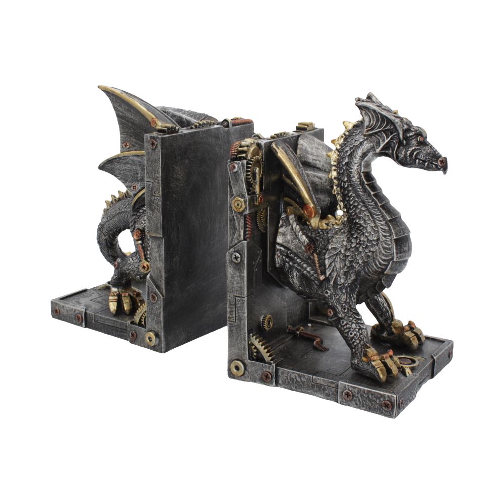 Nemesis Now Dracus Machina 27cm steampunk dragon bookends, hand-painted resin gothic fantasy bookends with intricate gears and mechanical detailing.