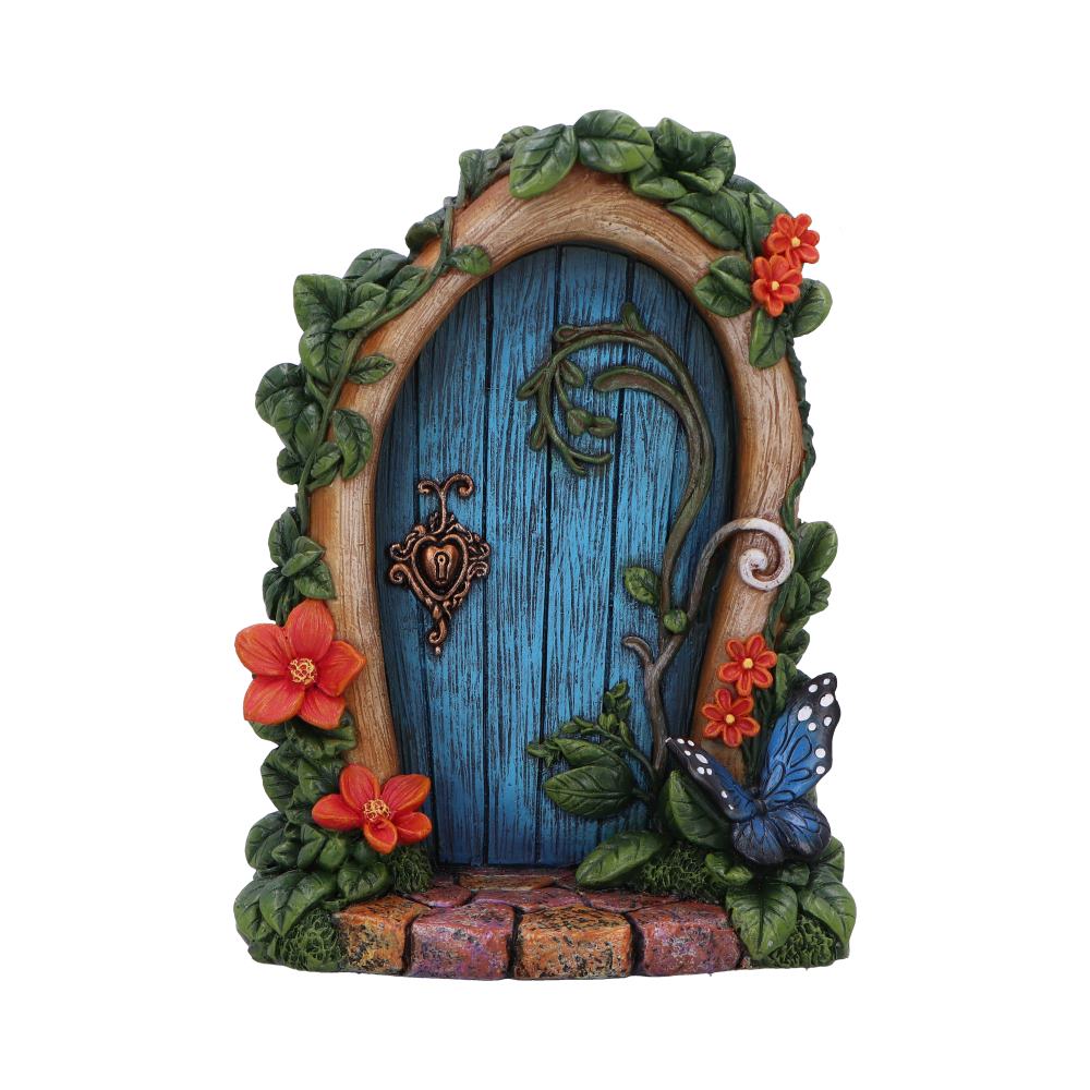 Blue fairy door with flowers and butterfly detail. Enchanted resin garden decor perfect for fairy gardens, terrariums and magical displays.