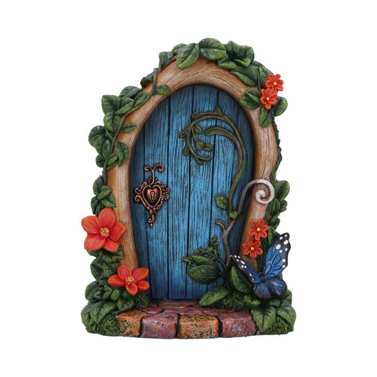 Blue fairy door with flowers and butterfly detail. Enchanted resin garden decor perfect for fairy gardens, terrariums and magical displays.
