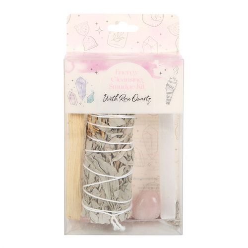 This smudge kit includes everything you need to cleanse your space of negative energies - just minus the match! Kit includes one bundle of dried white sage, a stick of palo santo, a selenite wand and a rose quartz tumblestone crystal for attracting love and friendship.